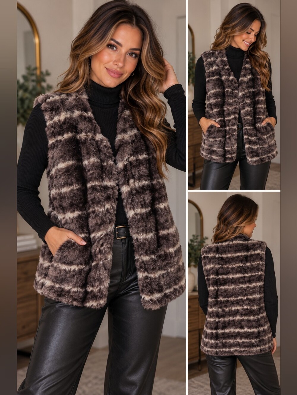 Teezher Women’s XL Faux Fur Striped Vest Brown Gray Plush Hooded Y2K Cozy